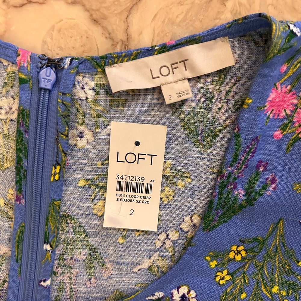 NWT LOFT Size 2 Floral Babydoll Dress Puff Sleeve Blue Linen Cottagecore - Picture 9 of 12